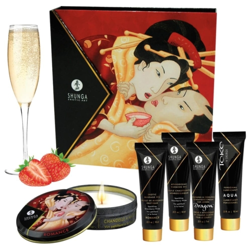 Erotisk gavesett fra Shunga med massasjeolje, varmende olje, duftlys, glidemiddel og intensiverende krem for han og henne.