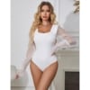 Sexy Bodysuit med Firkantet Hals og Chiffon Puff-ermer - hvit